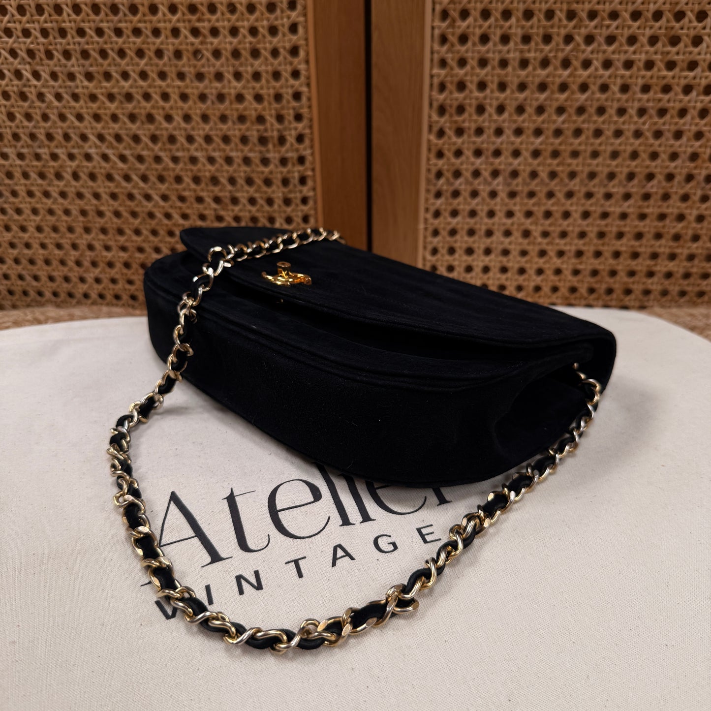 Chanel Rare early 1980s half moon quilted single flap in black suede