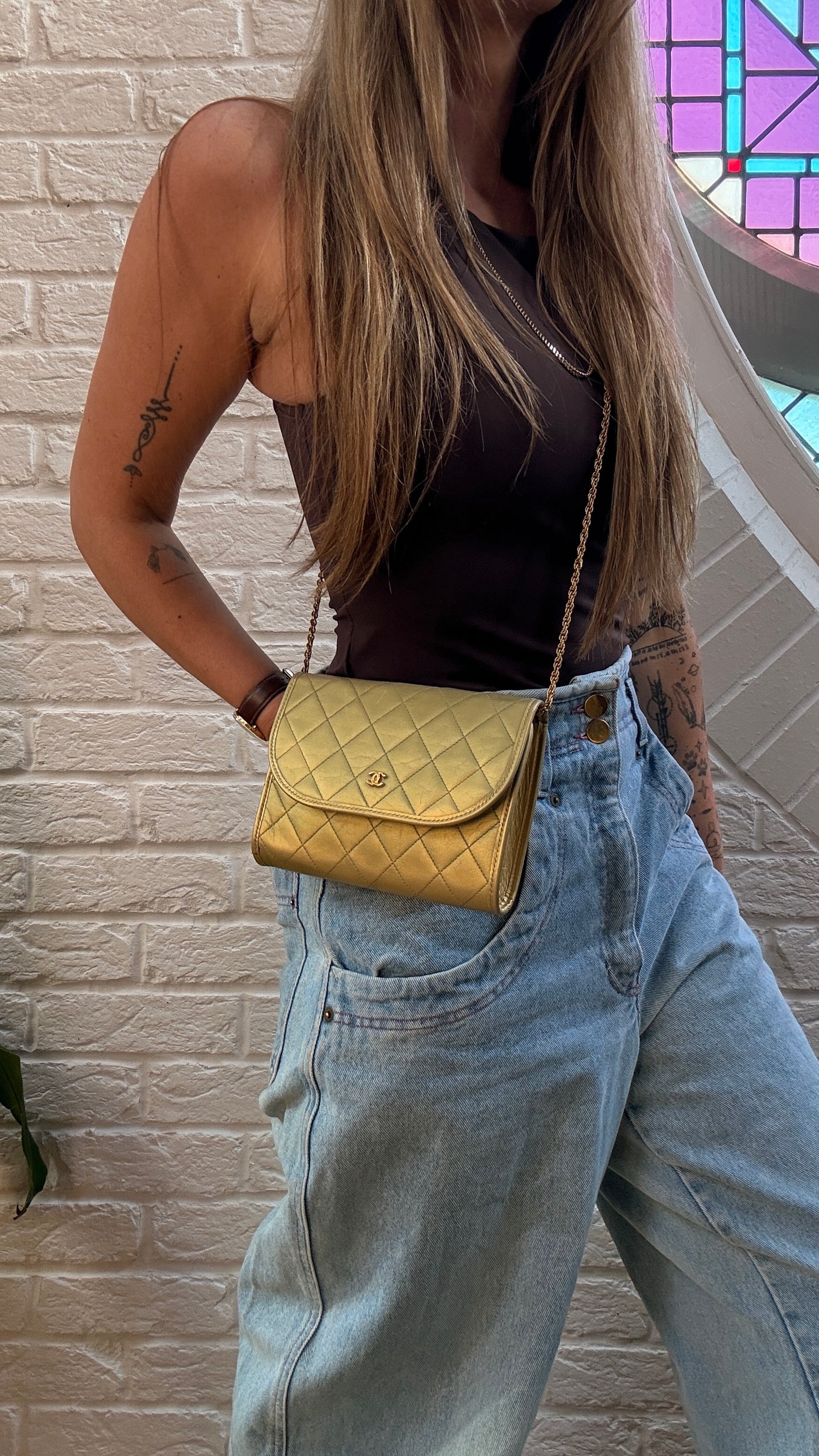 Chanel Early 1980s Rare Gold Lambskin Leather Single flap Cross Body
