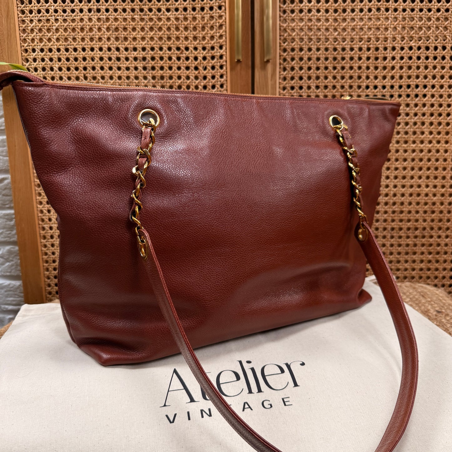 Chanel 1991 Rare Cognac Caviar leather tote with Turnlock front compartment