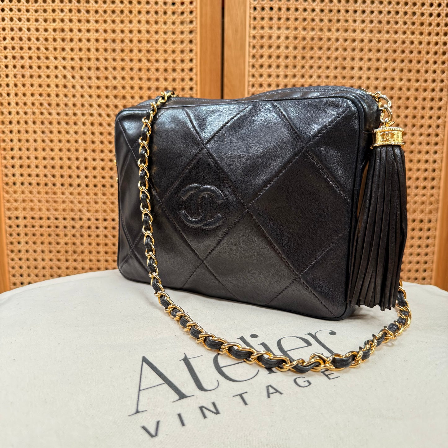 Chanel 1986 CC Quilted Black Tassel Camera bag