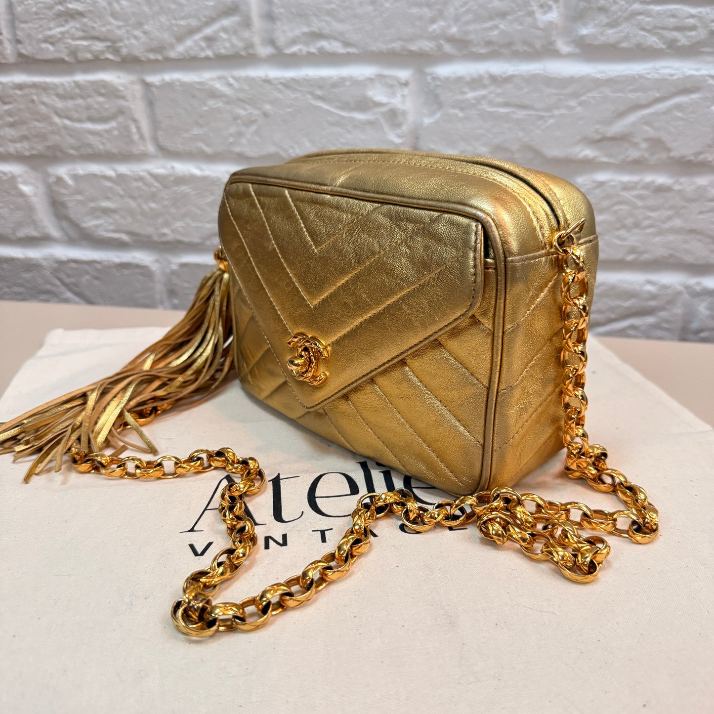 Chanel 1991 Ultra Rare Chevron Quilted Turnlock Camera Bag in Gold Lambskin Leather with 24k gold hardware