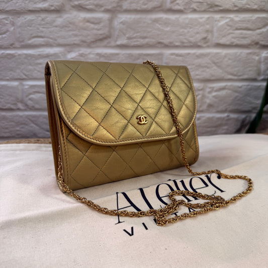 Chanel Early 1980s Rare Gold Lambskin Leather Single flap Cross Body