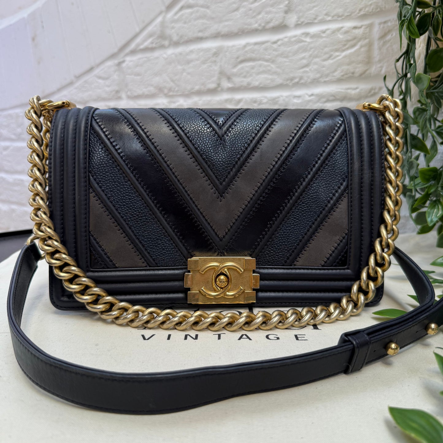 Chanel 2016 Rare Navy Le Boy Caviar & Calf Skin Chevron Old Medium