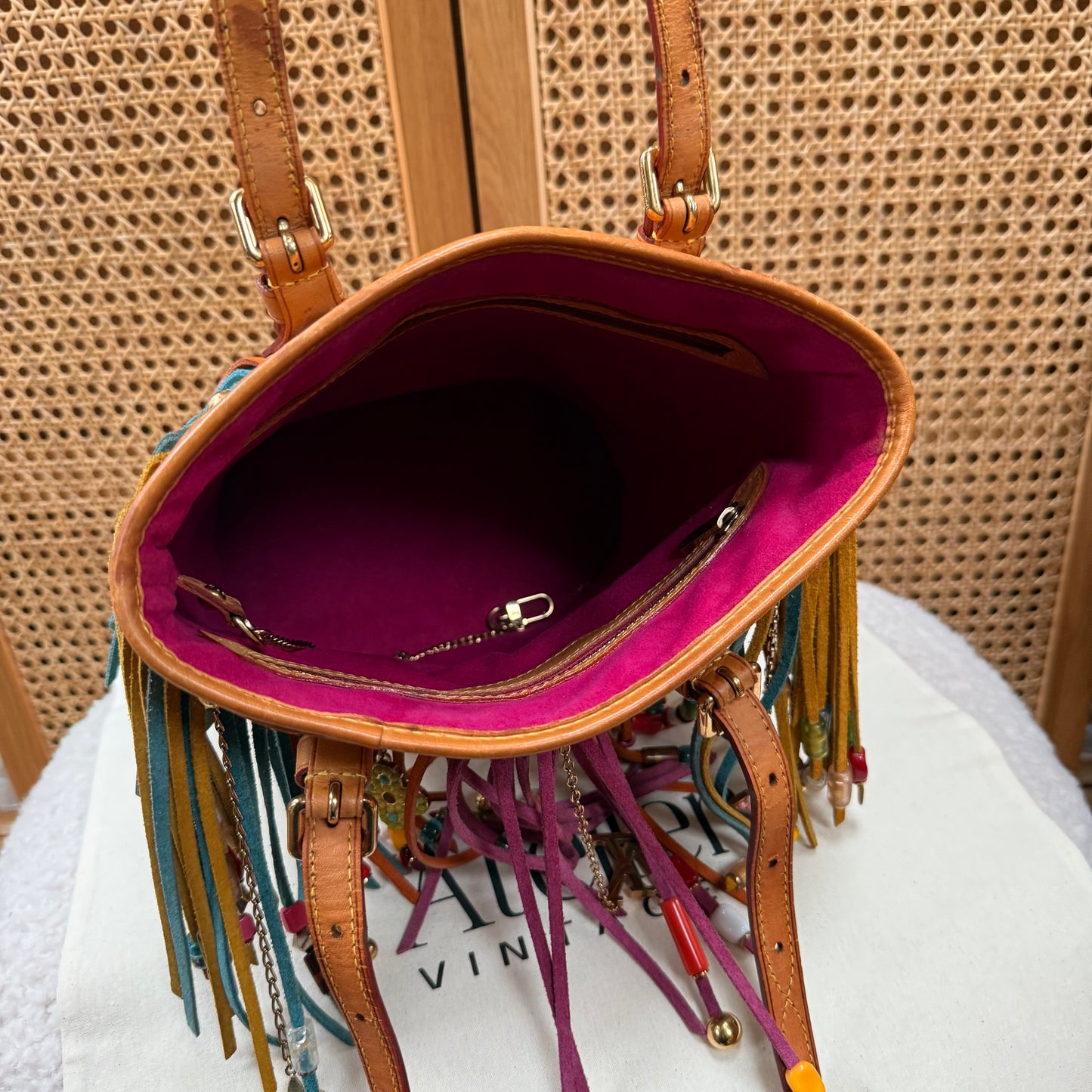 Louis Vuitton 2006 ULTRA RARE Murakami Suede and Beaded Fringe Bucket Bag