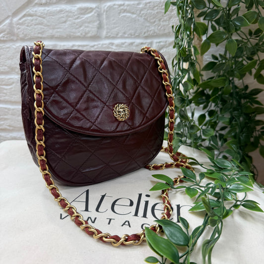 Chanel Early 1980s Bordeaux CC button half moon flap