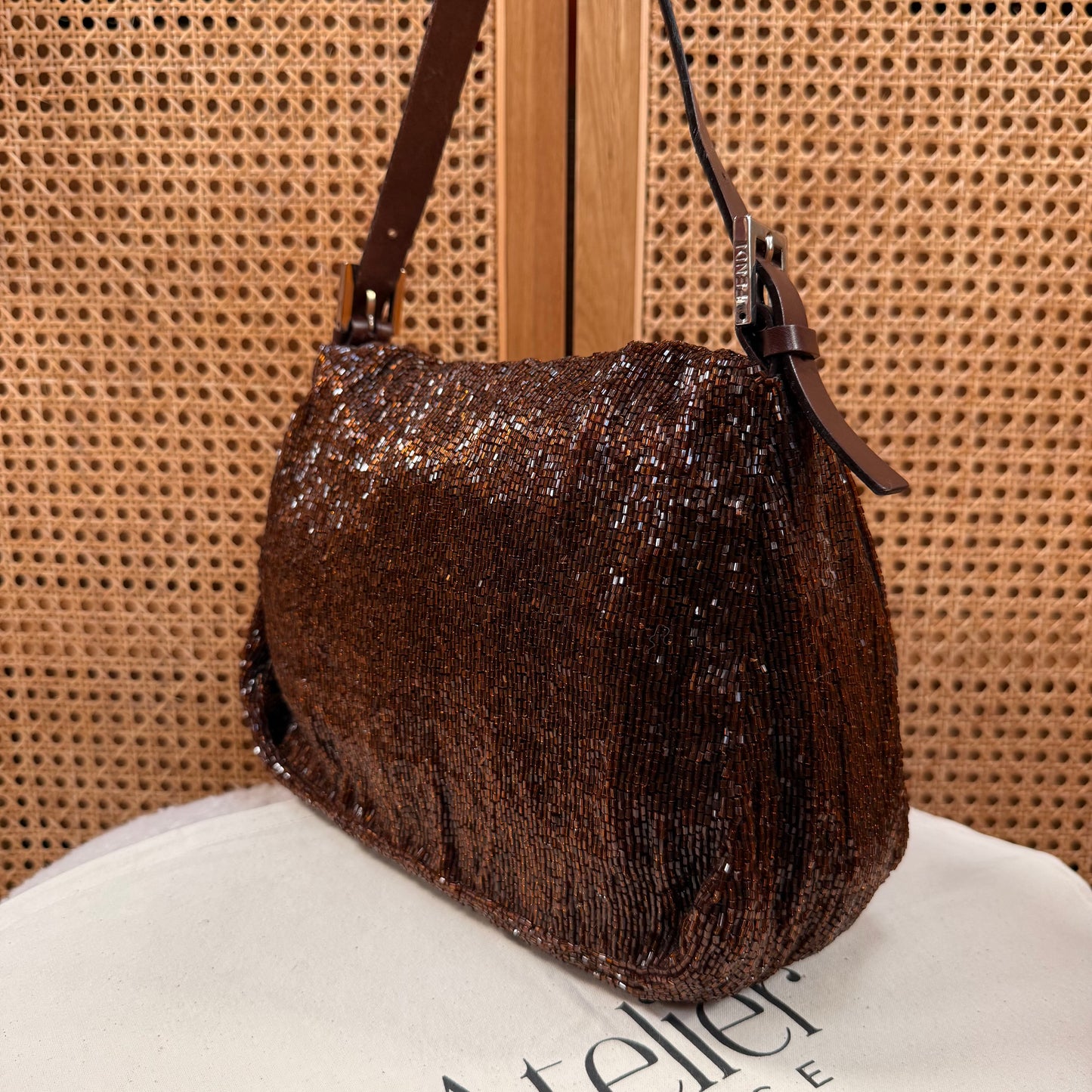 Fendi 2000 Rare Mamma Baguette Bronze - Limited Edition full glass beaded with chocolate leather
