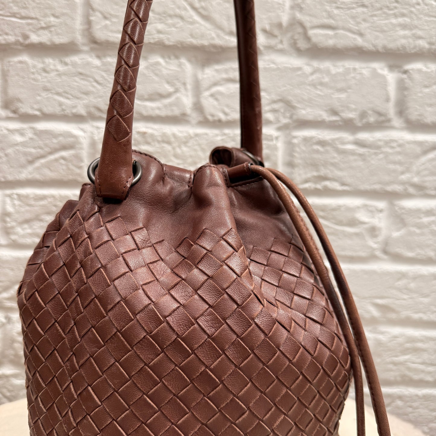Bottega Veneta 1990s Bottega Veneta Tan Woven Leather Bucket Bag