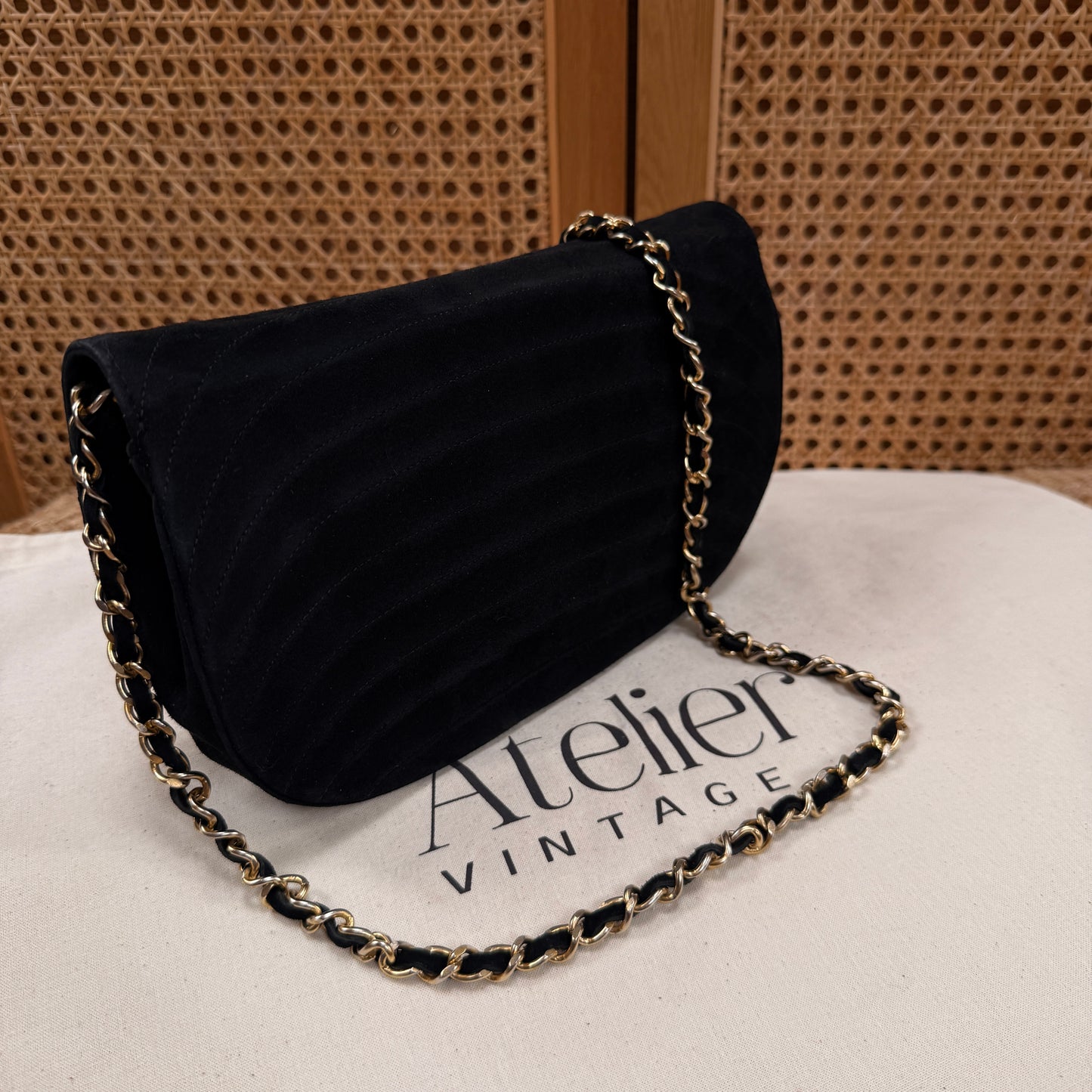 Chanel Rare early 1980s half moon quilted single flap in black suede