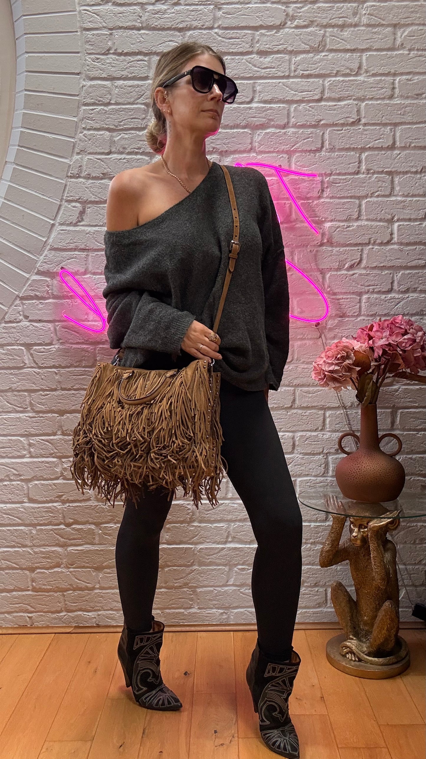 Prada Saffiano Two Way Suede Fringed tote