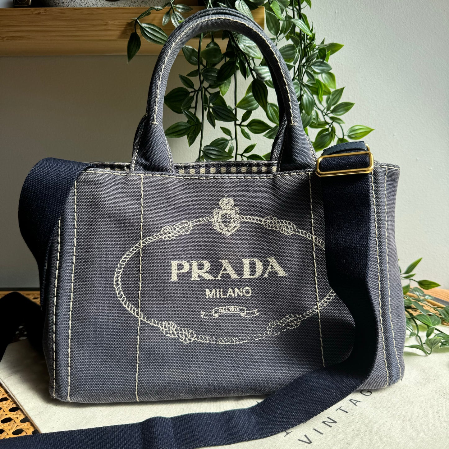Prada Canapa Denim Blue Canvas Two Way Tote