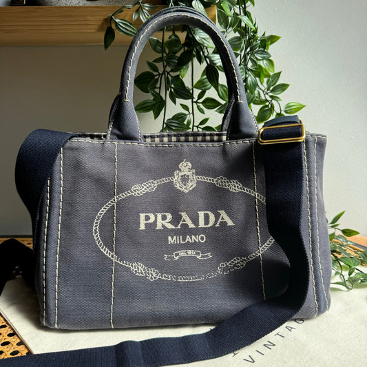 Prada Canapa Denim Blue Canvas Two Way Tote