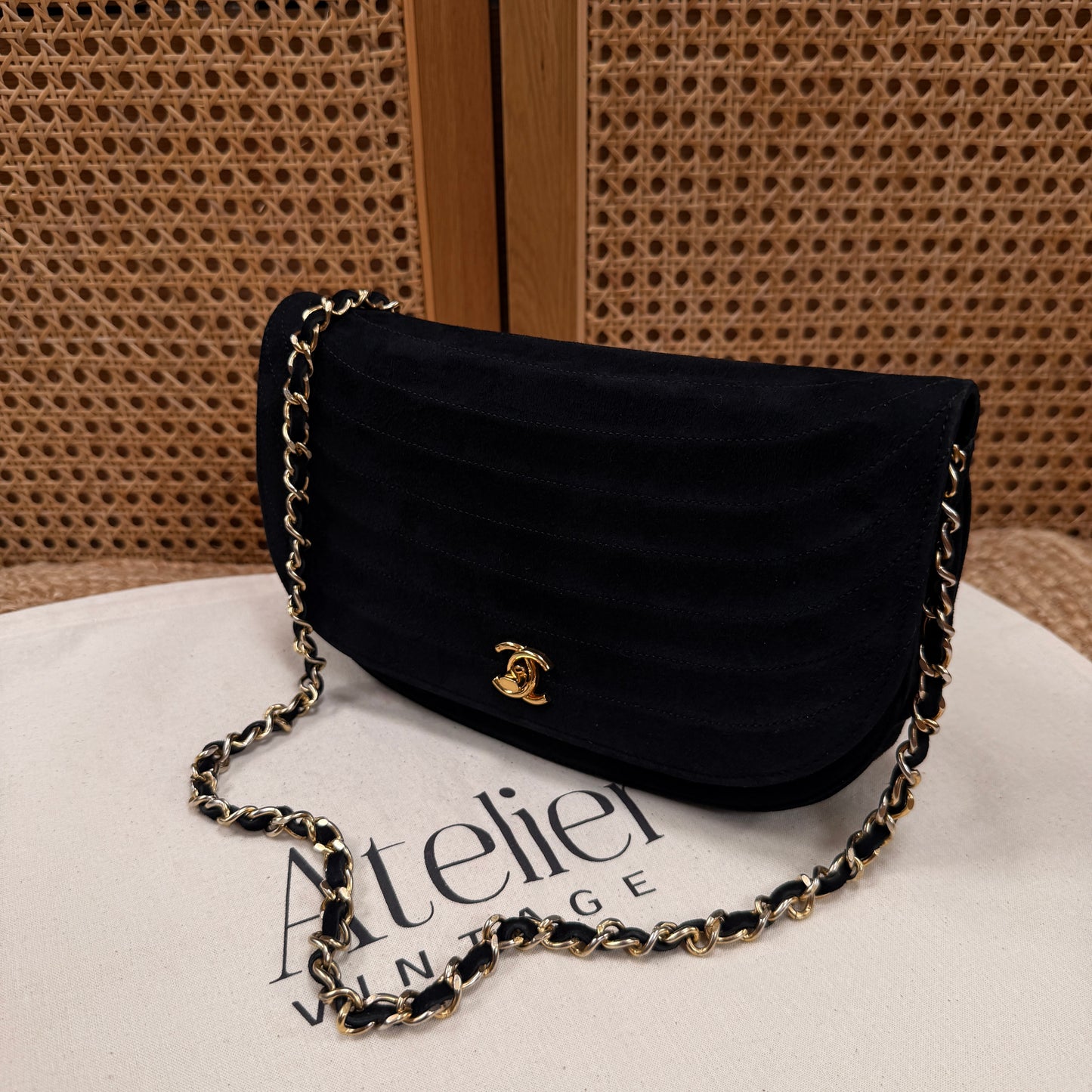 Chanel Rare early 1980s half moon quilted single flap in black suede