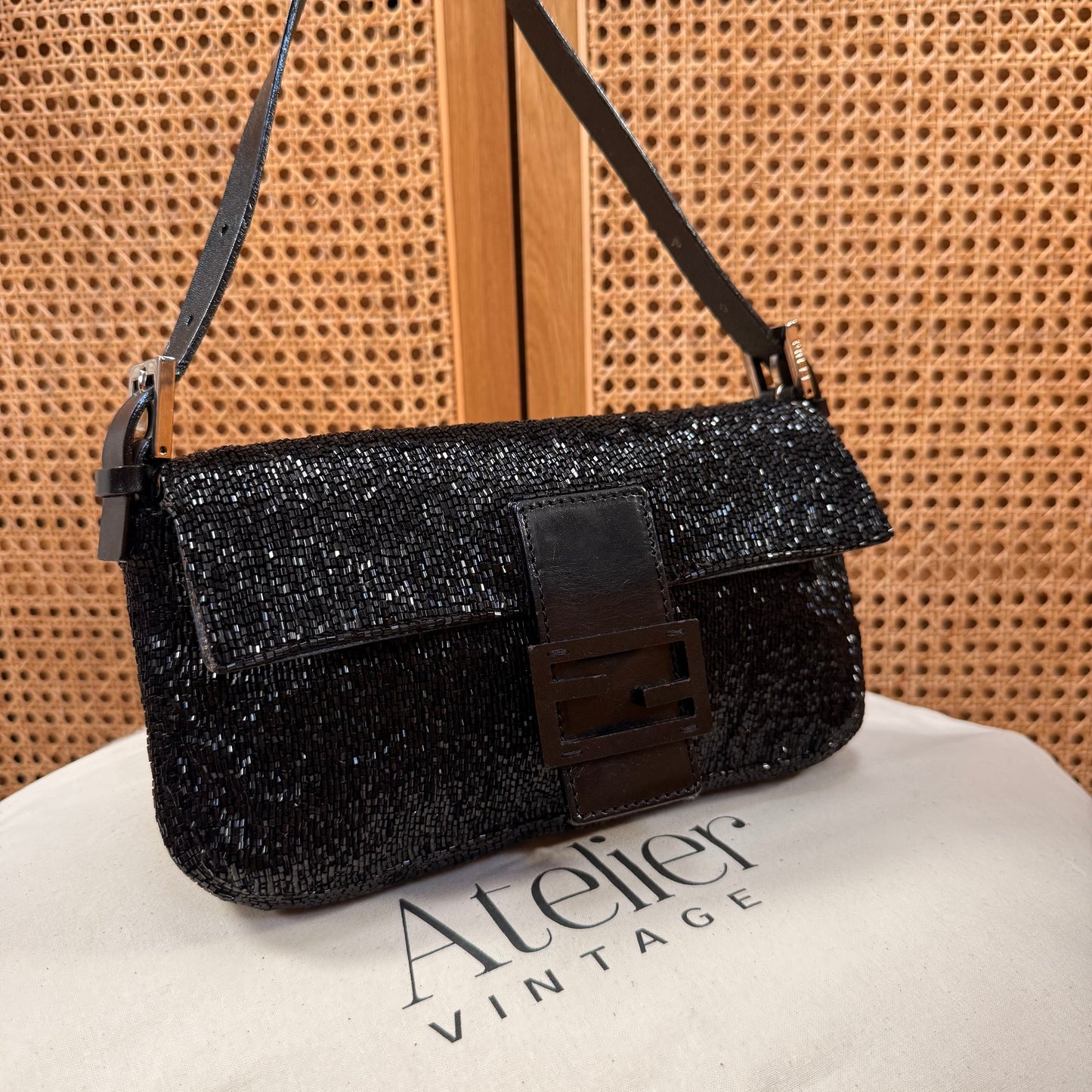 Fendi 2001 Rare Fendi Baguette Black - Limited Edition full glass beaded with black leather