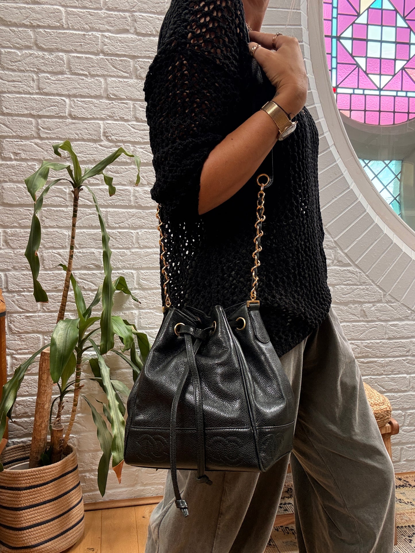 Chanel 1996 Triple CC Caviar bucket bag with pouch