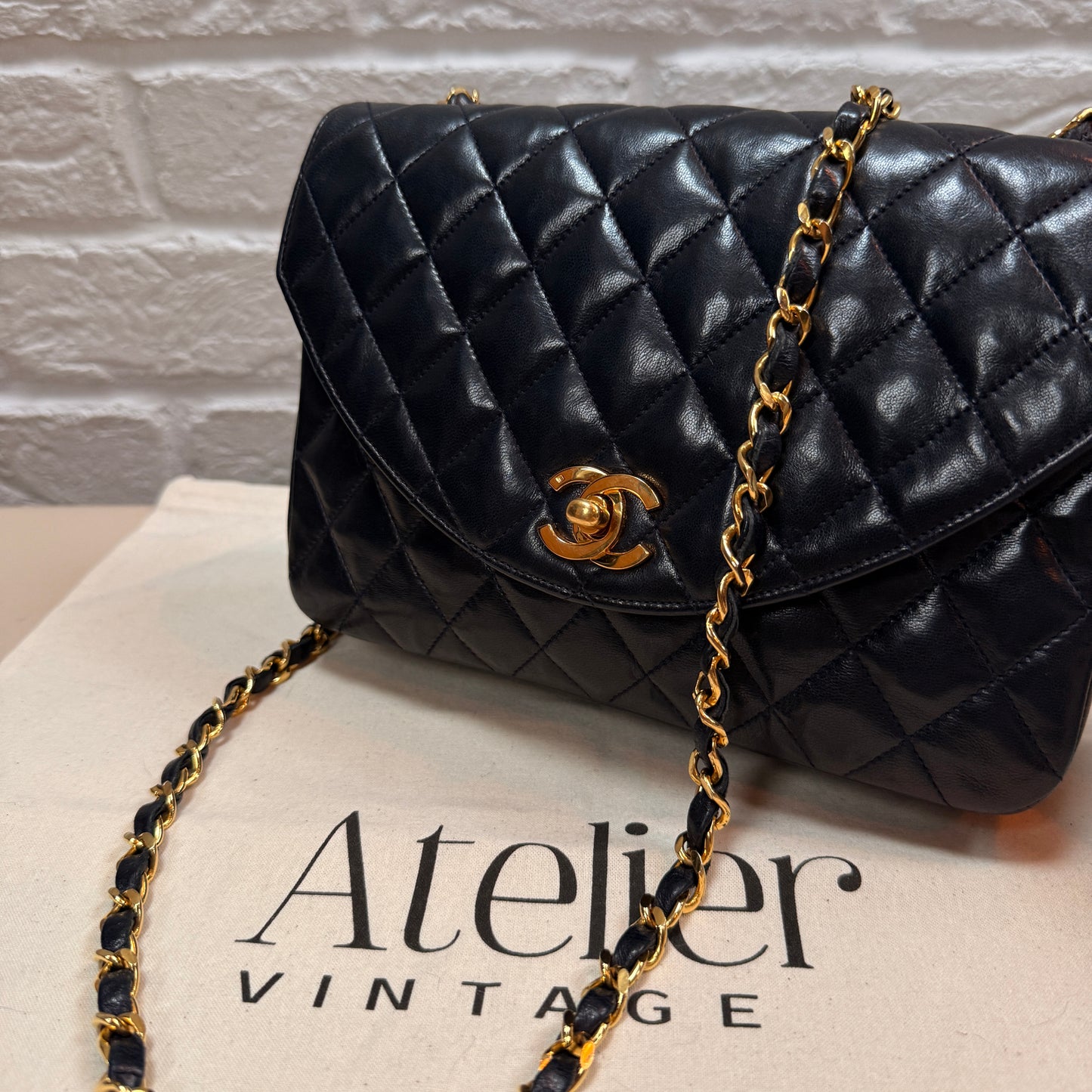 Chanel 1986 Rare Navy Lambskin Half Moon Single Flap with 24k Gold Hardware