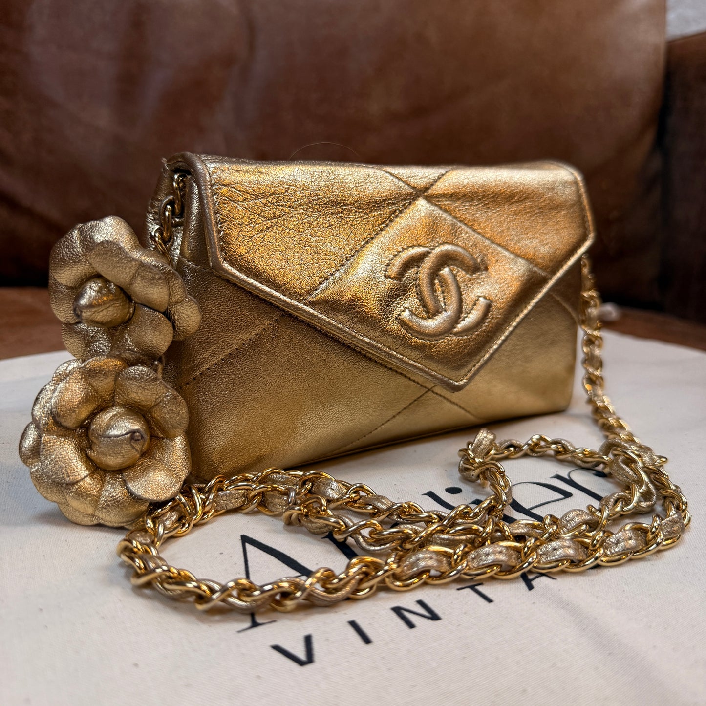 Chanel 1986 Ultra Rare Gold Lambskin Camellia Charm Envelope Flap