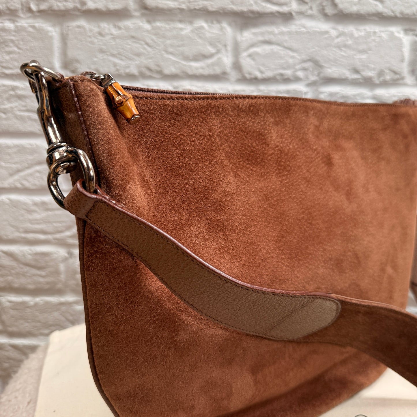 Gucci 2000s Gucci Suede Two Way Bamboo Cross Body Messenger