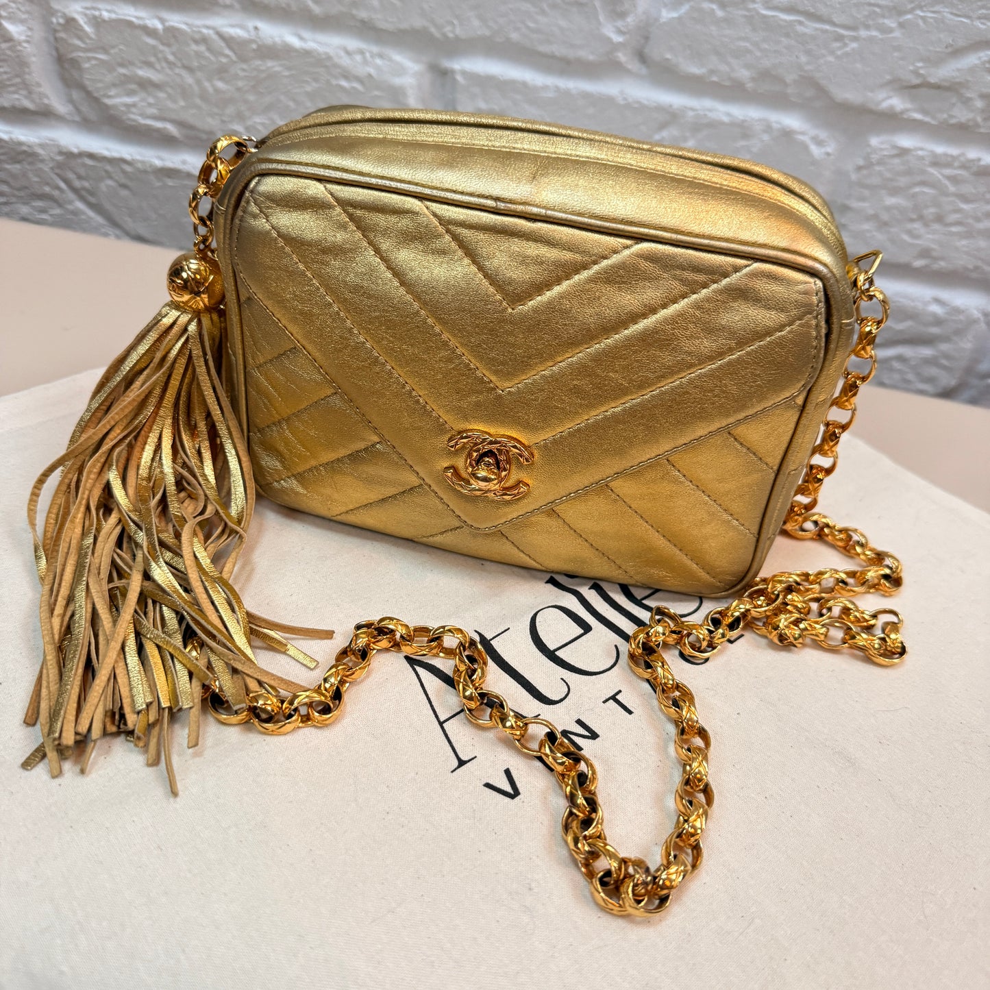 Chanel 1991 Ultra Rare Chevron Quilted Turnlock Camera Bag in Gold Lambskin Leather with 24k gold hardware