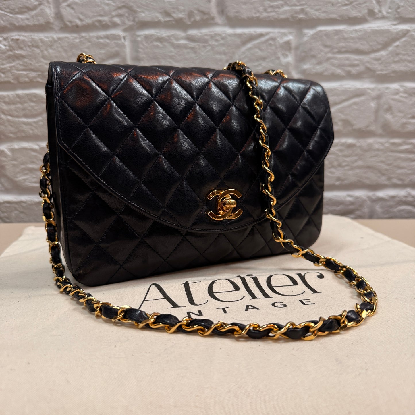 Chanel 1986 Rare Navy Lambskin Half Moon Single Flap with 24k Gold Hardware