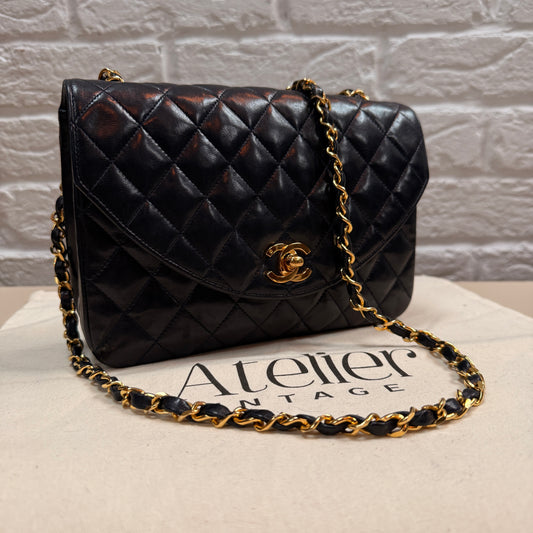 Chanel 1986 Rare Navy Lambskin Half Moon Single Flap with 24k Gold Hardware