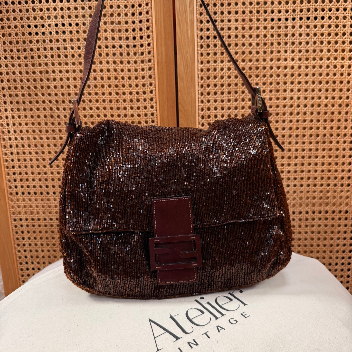 Fendi 2000 Rare Mamma Baguette Bronze - Limited Edition full glass beaded with chocolate leather