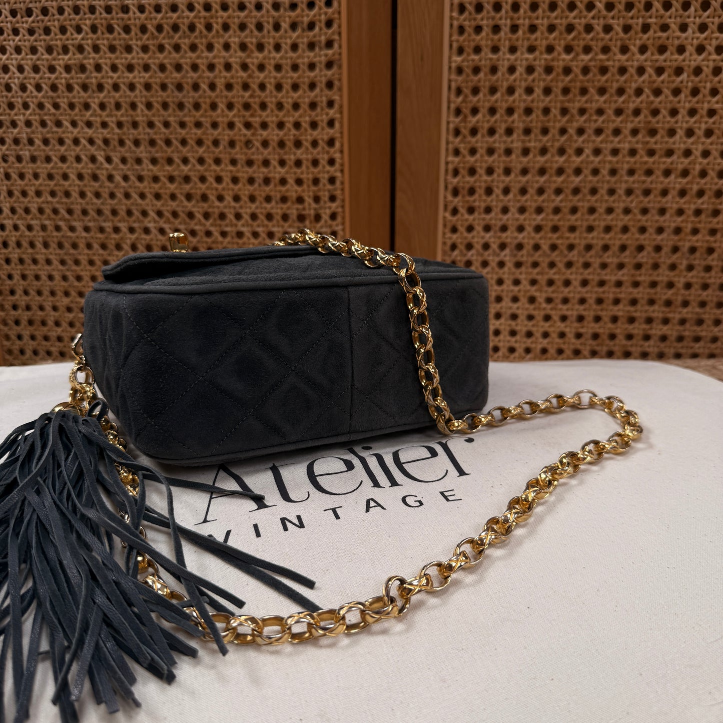 Chanel 1994 rare camera bag with bijoux chain in slate grey suede