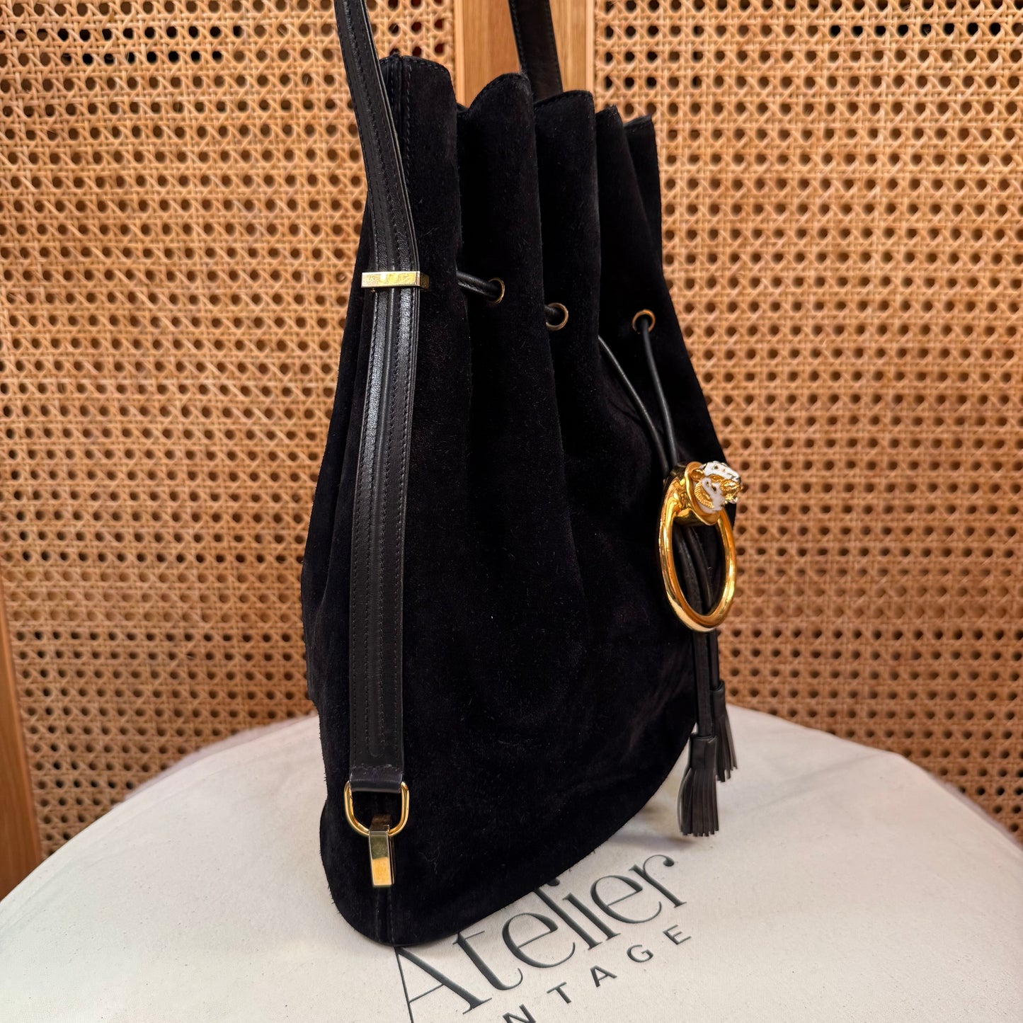 Gucci 1990s Rare Enamel Leopard Suede Bucket Bag