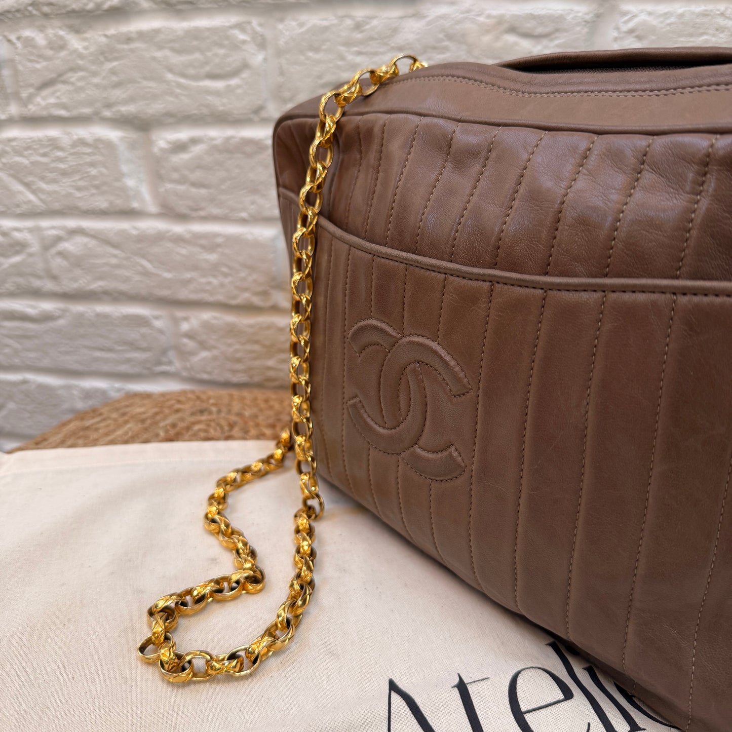 Chanel Rare 1980s Mademoiselle Camera Bag with Bijoux chain in Taupe