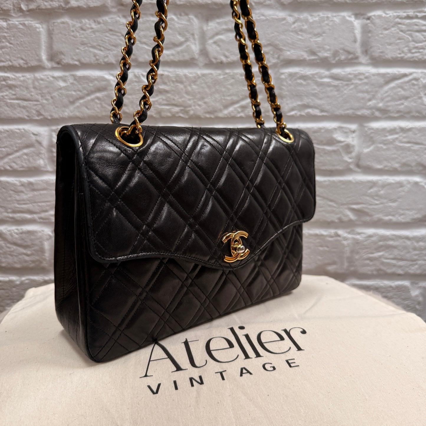 Chanel Early 1980s Rare Chanel Double Diamond Quilted Two Way Single Flap in black