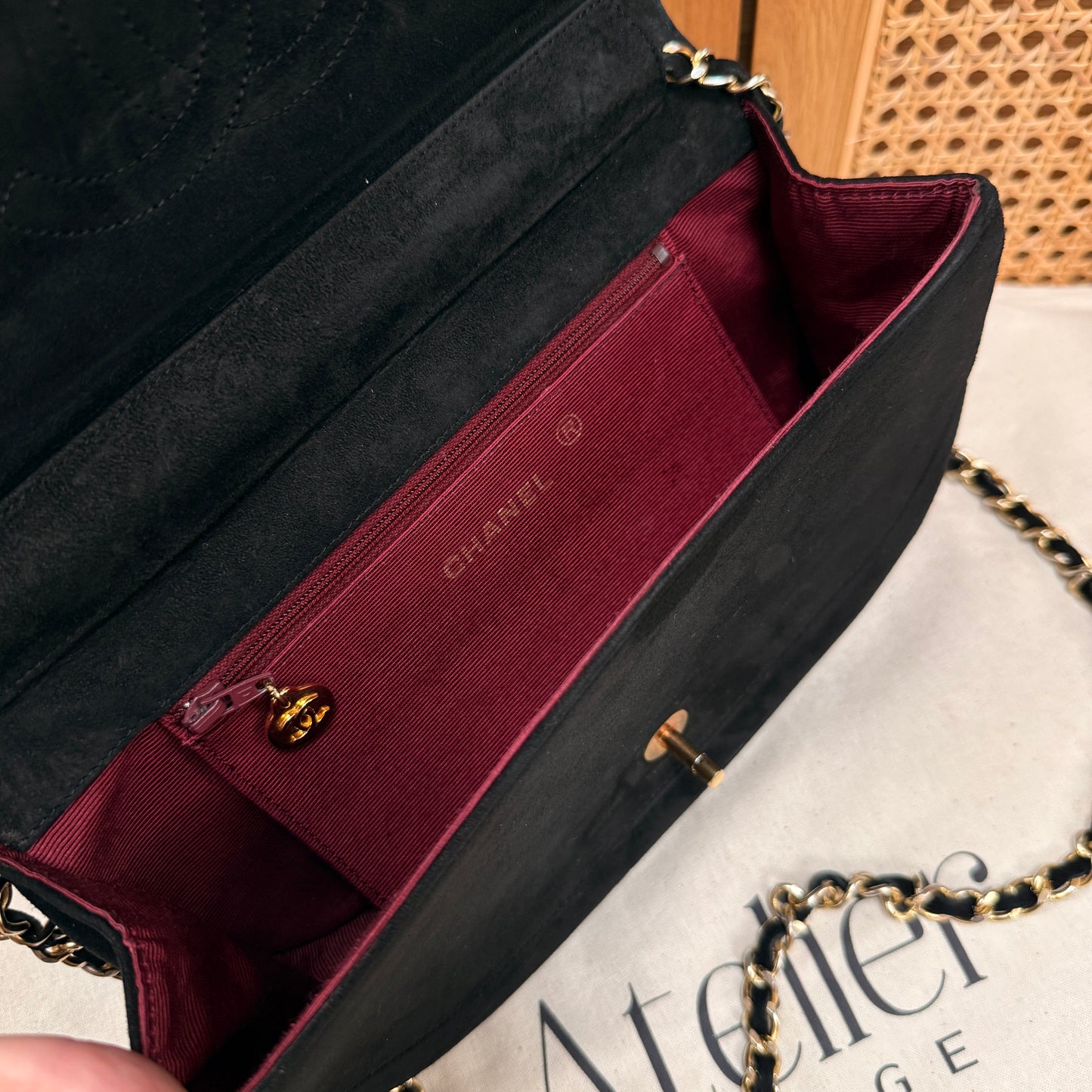 Chanel Rare early 1980s half moon quilted single flap in black suede