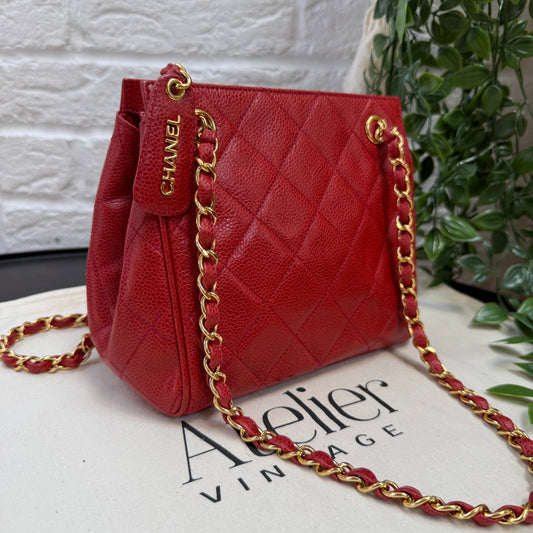Chanel 1989 Chanel Red Caviar CC Quilted Shoulder Bag