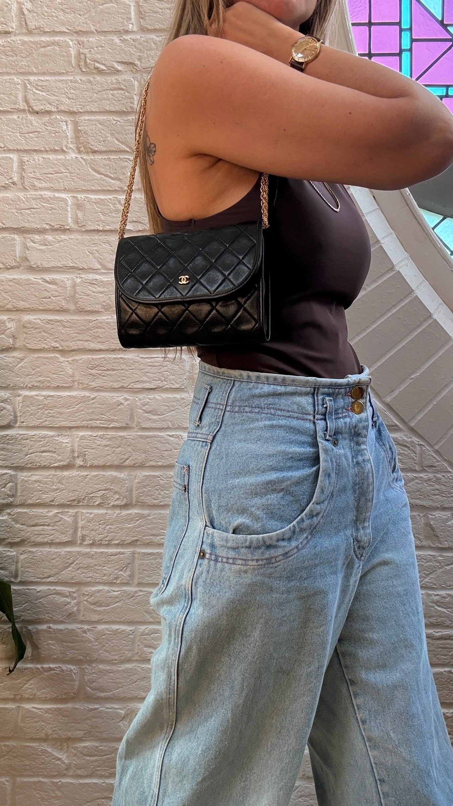 Chanel Early 1980s Rare Black Lambskin Leather Single flap Cross Body