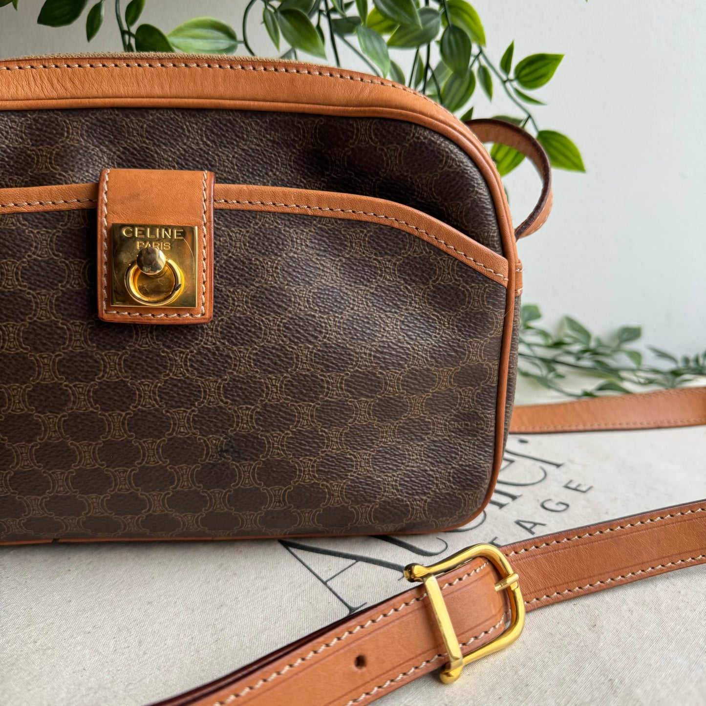 Celine Macadam Brown Double Zip Shoulder Bag