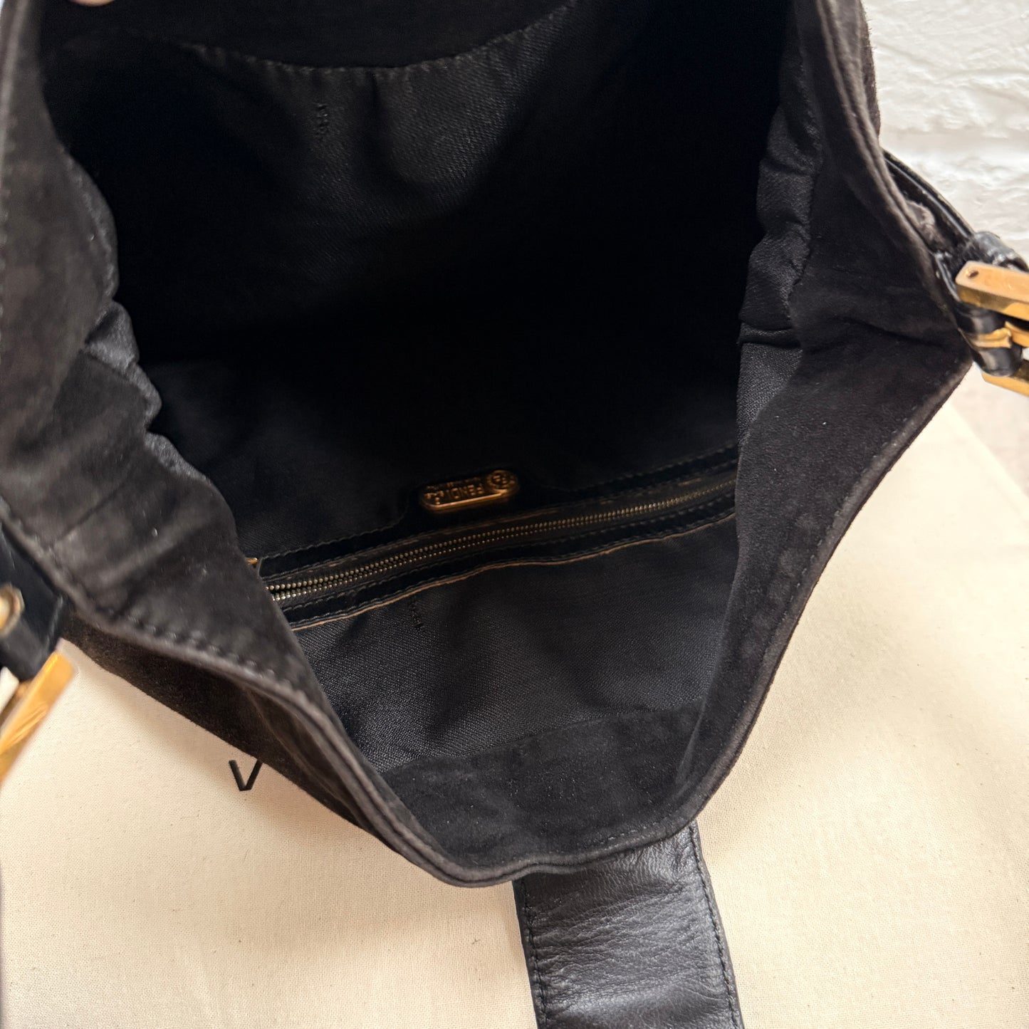 Fendi Rare Fendi Baguette Cross Body Tote in black suede with limited edition enamel closure