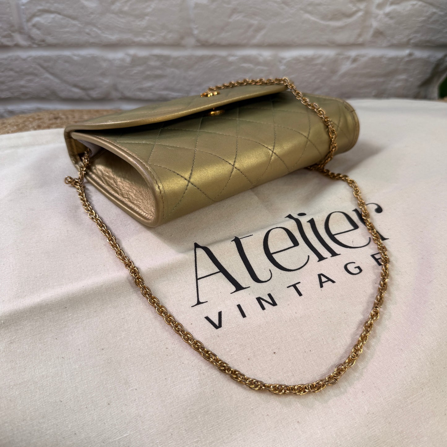 Chanel Early 1980s Rare Gold Lambskin Leather Single flap Cross Body