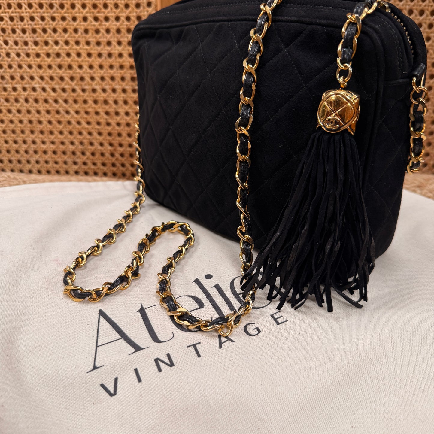 Chanel 1989 Rare Black Suede Front Flap Camera Bag