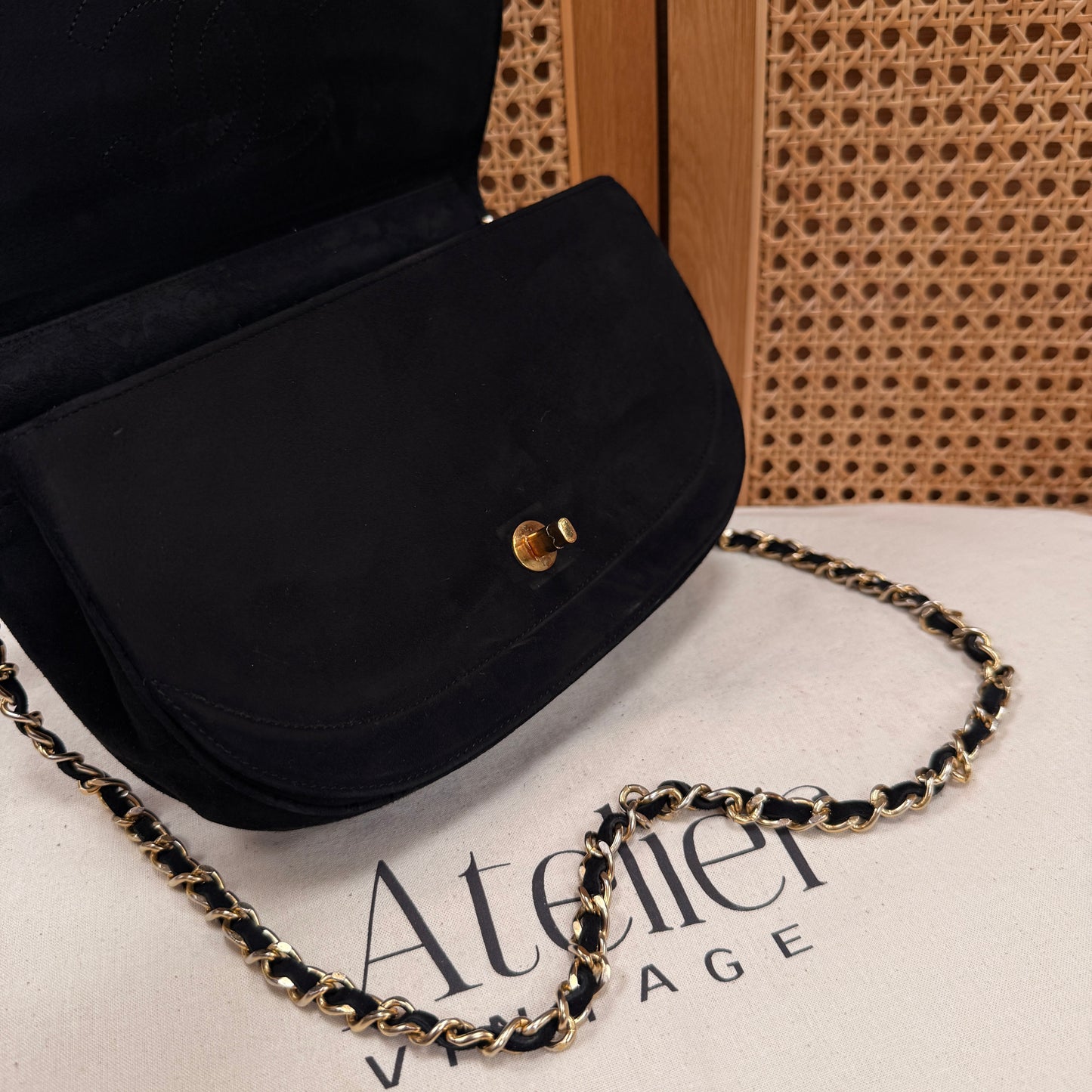 Chanel Rare early 1980s half moon quilted single flap in black suede