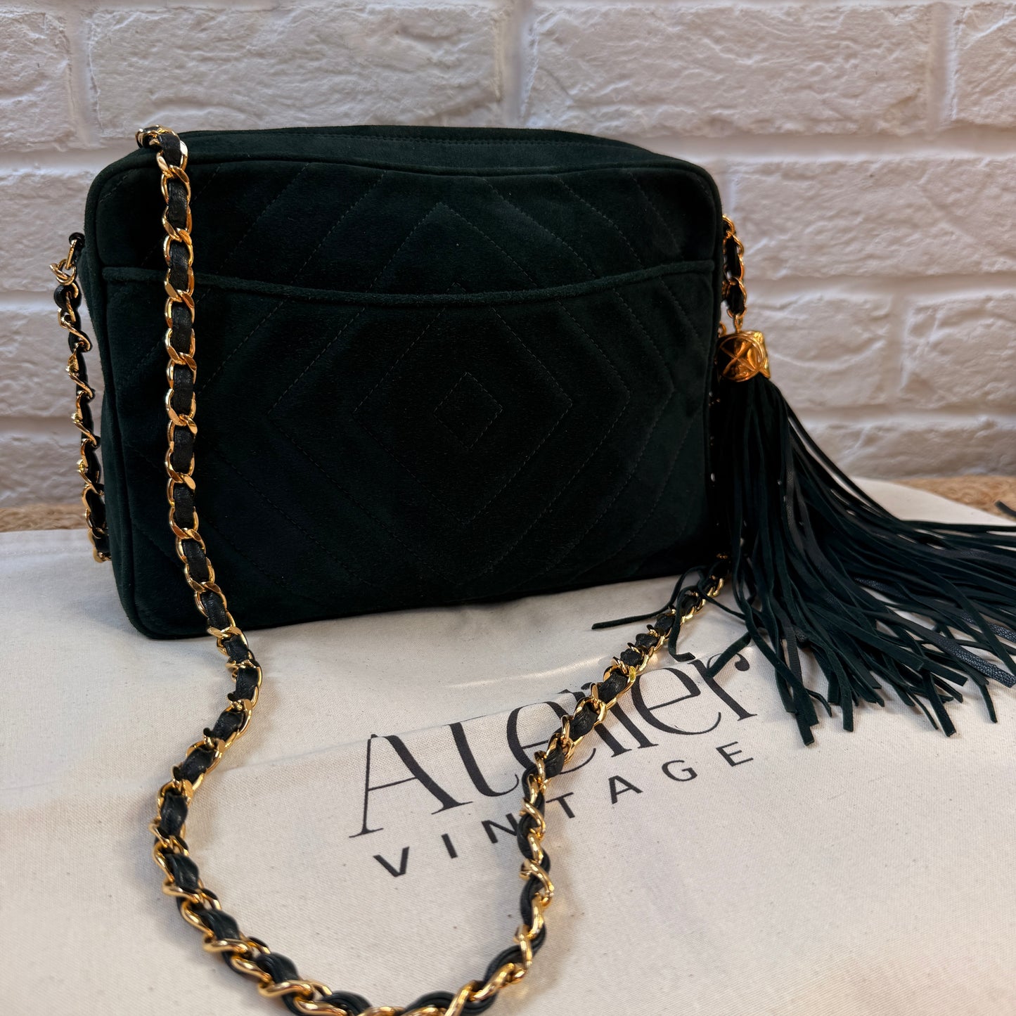 Chanel 1991 Green Suede Camera bag with 24k gold hardware