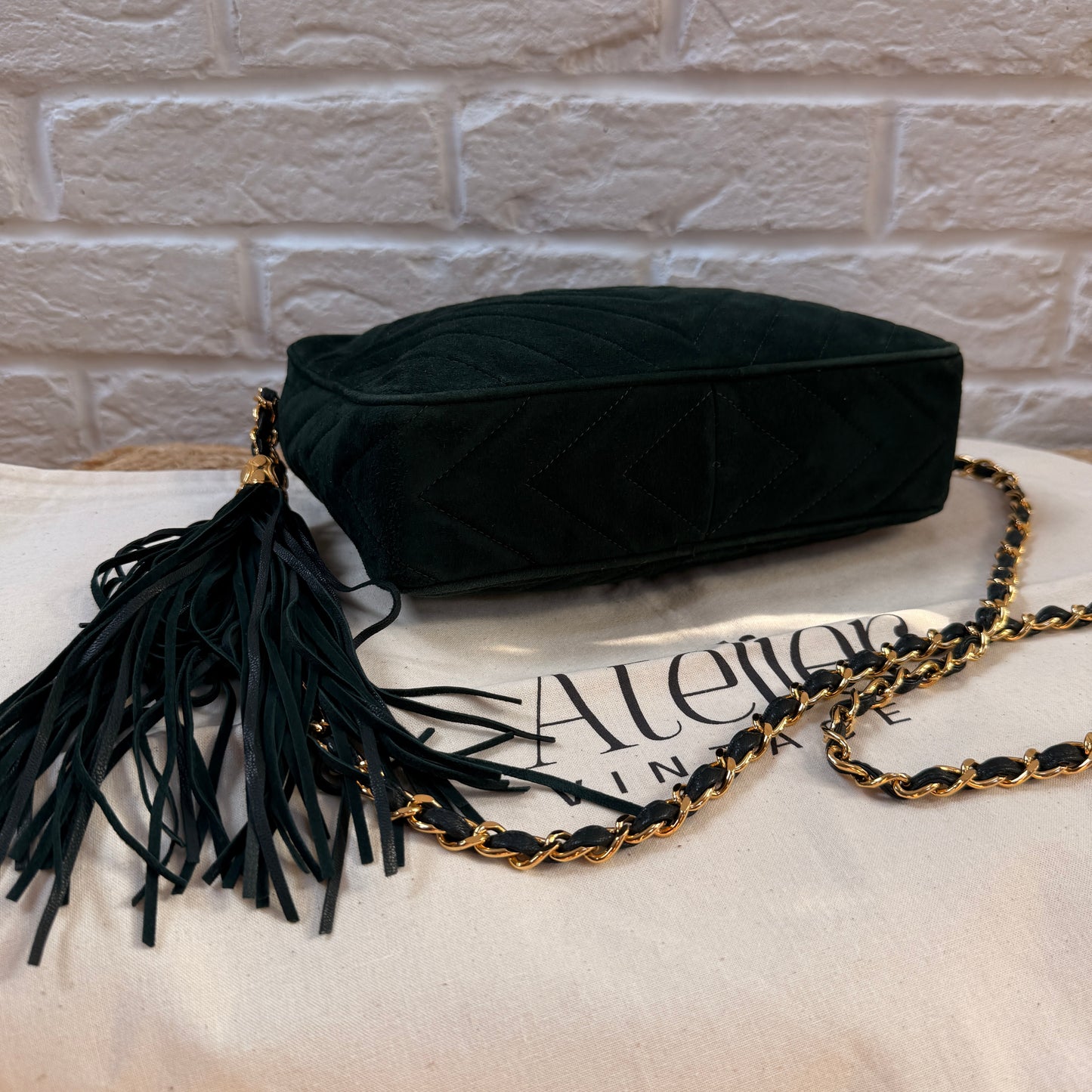 Chanel 1991 Green Suede Camera bag with 24k gold hardware