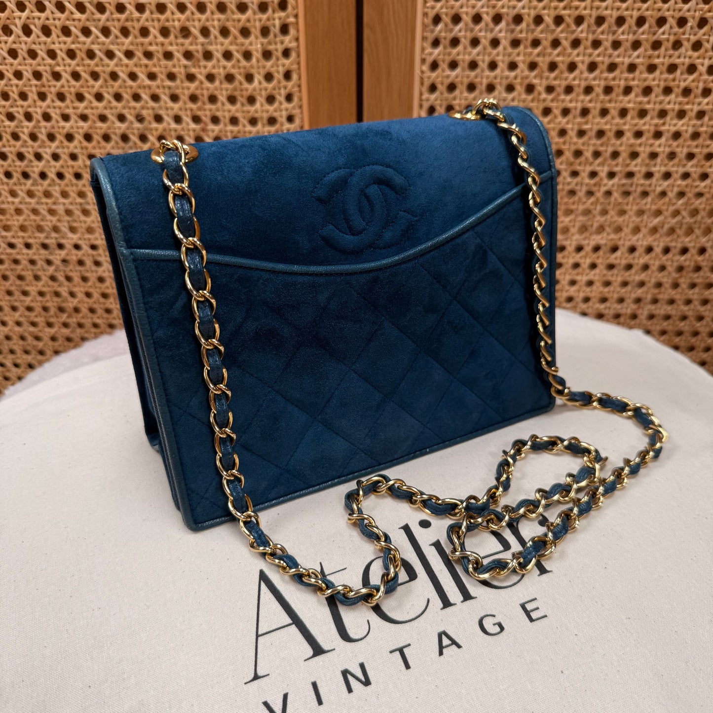 Chanel Rare 1989 Teal Suede CC Quilted Full Flap