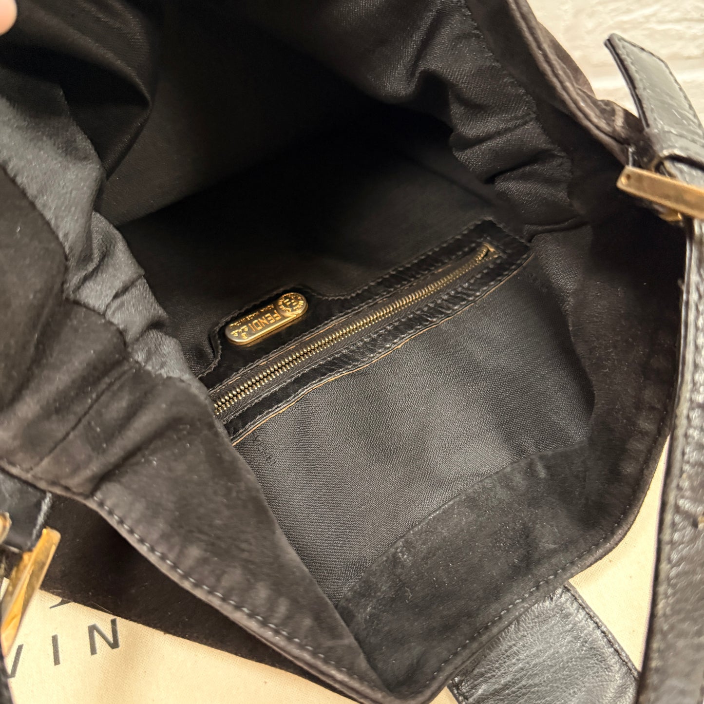 Fendi Rare Fendi Baguette Cross Body Tote in black suede with limited edition enamel closure